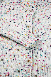 Confetti knit button-up cardigan in white with colorful speckles and scattered rhinestones.
