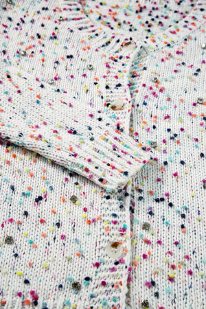 Confetti knit button-up cardigan in white with colorful speckles and scattered rhinestones.