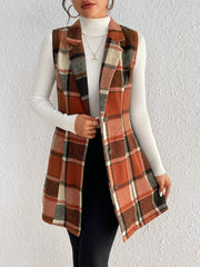 Tailored plaid sleeveless blazer dress in caramel with button front and notched lapels.