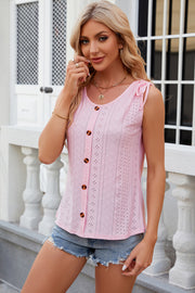 Pink eyelet button-down tank top with tie shoulders and scoop neck