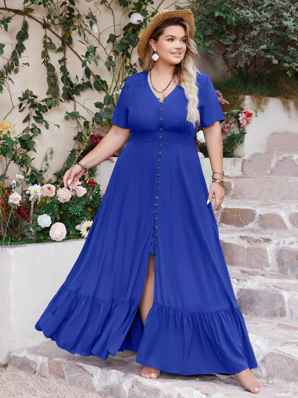 Blue V-neck maxi dress with button front, smocked waist, ruffled hem, and short sleeves.