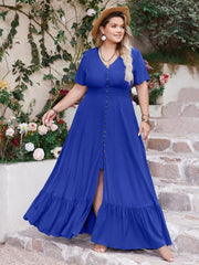 Blue V-neck maxi dress with button front, smocked waist, ruffled hem, and short sleeves.