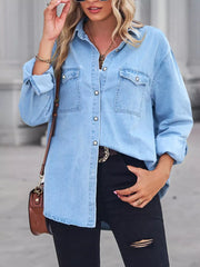 Light blue washed denim maternity overshirt with snap pockets and classic collar.