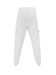 White waffle knit joggers with cargo pockets and elastic cuffs.
