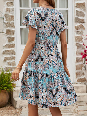 Paisley print flutter sleeve mini dress in Mint Blue with tiered skirt and elastic waist.