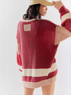 Varsity stripe textured knit cardigan in scarlet and white with a patch detail.