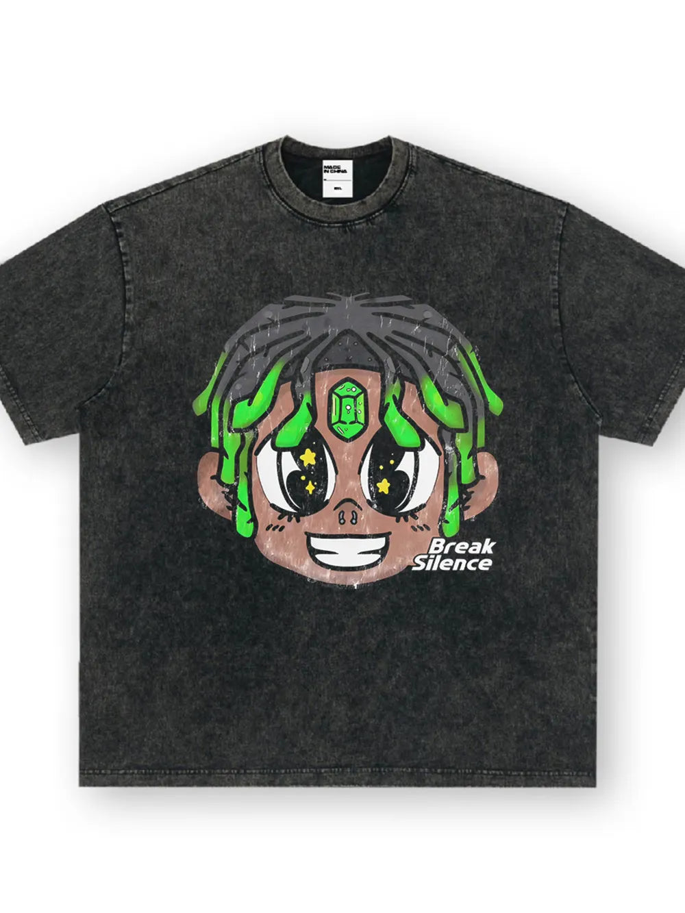Dark gray oversized cotton t-shirt with cartoon graphic and text.