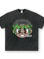 Dark gray oversized cotton t-shirt with cartoon graphic and text.