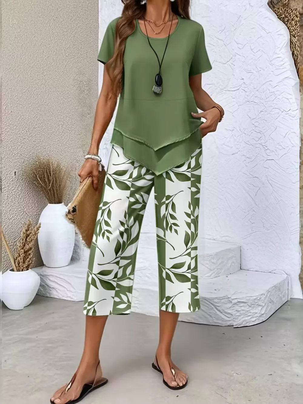 Chic Layered Top & Leaf Print Pants Set