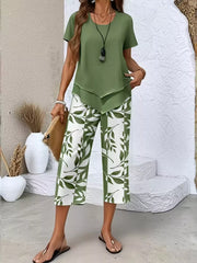 Chic Layered Top & Leaf Print Pants Set