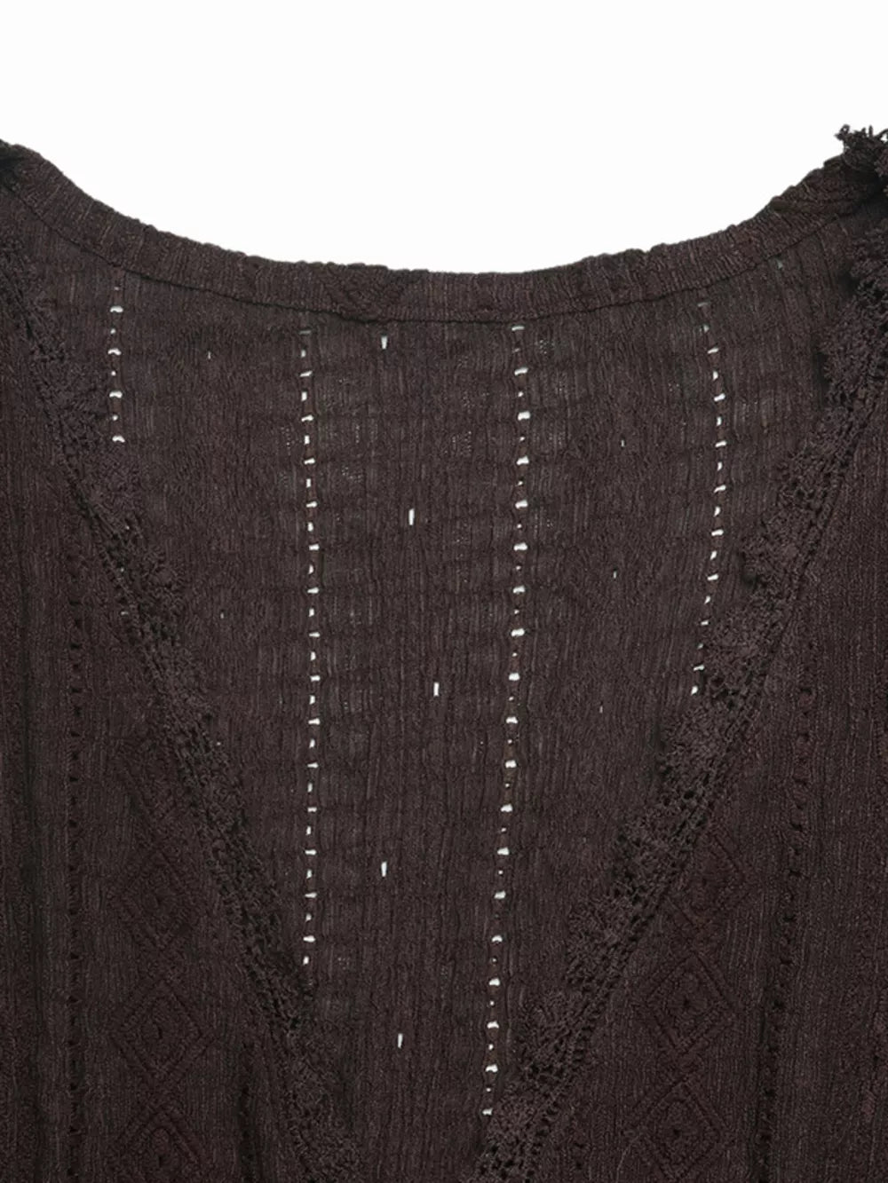 Brown lace-trimmed ruffled V-neck maternity shirt with eyelet detail.