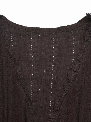 Brown lace-trimmed ruffled V-neck maternity shirt with eyelet detail.
