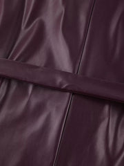 Stand Collar Belted Faux Leather Jacket in Wine Red, view 18