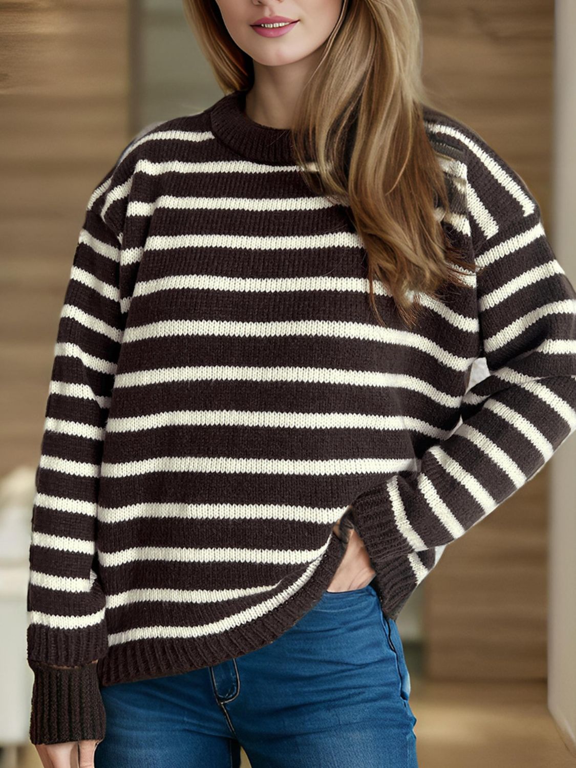 Breton stripe relaxed knit sweater in chocolate and white acrylic with a crew neck.
