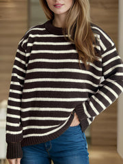 Breton stripe relaxed knit sweater in chocolate and white acrylic with a crew neck.