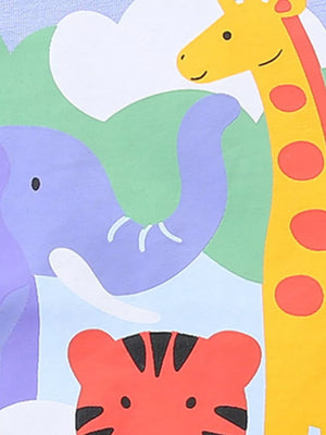 Toddler underwear with a safari animal print featuring a purple elephant, yellow giraffe, and red tiger.
