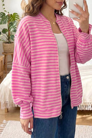 Striped Zip-up Loose Fit Hoodie in Pink, side view