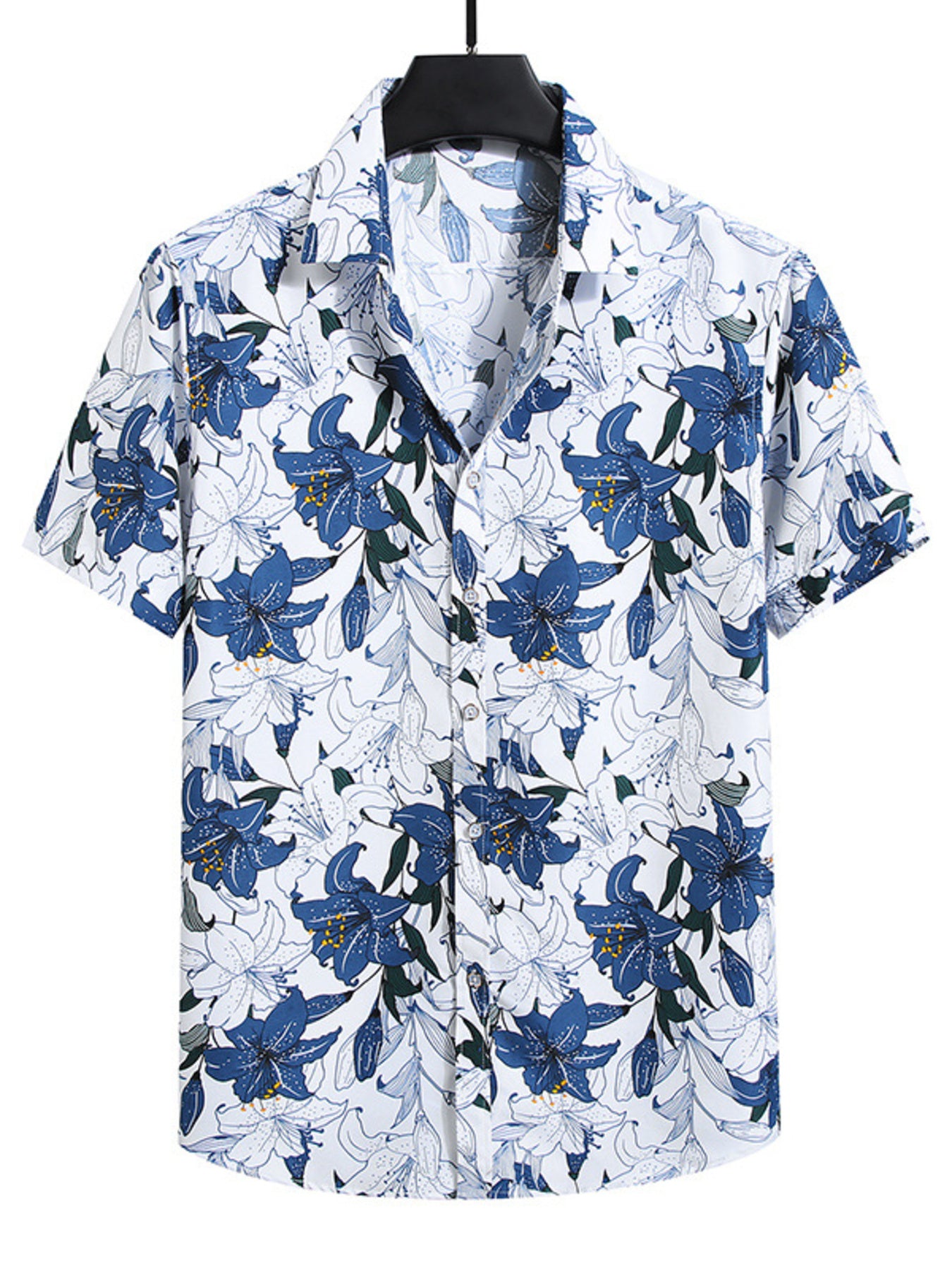 Men's short sleeve button-up shirt in white with a blue floral print