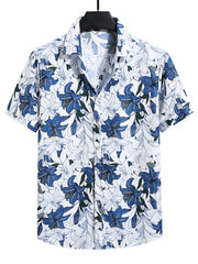 Men's short sleeve button-up shirt in white with a blue floral print