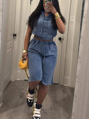 Blue cotton hooded crop top and drawstring shorts set with a pocket detail.