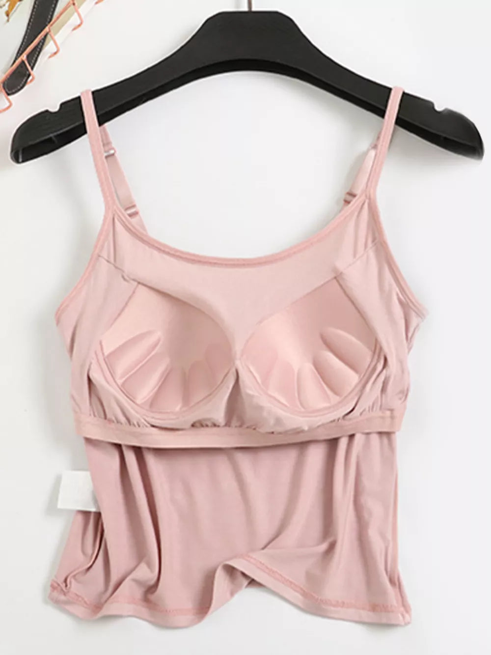 Pink cami with built-in padded cups and adjustable straps.