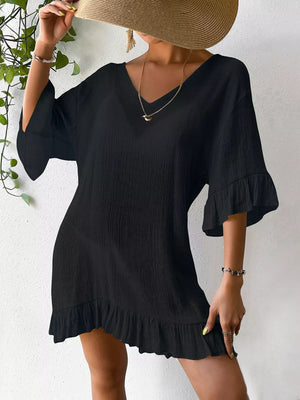 Black ruffled V-neck cover-up dress with bell sleeves and textured fabric.