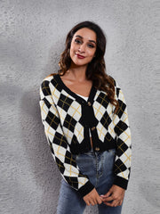Argyle cropped cardigan in black, white, and yellow with button front and V-neck.