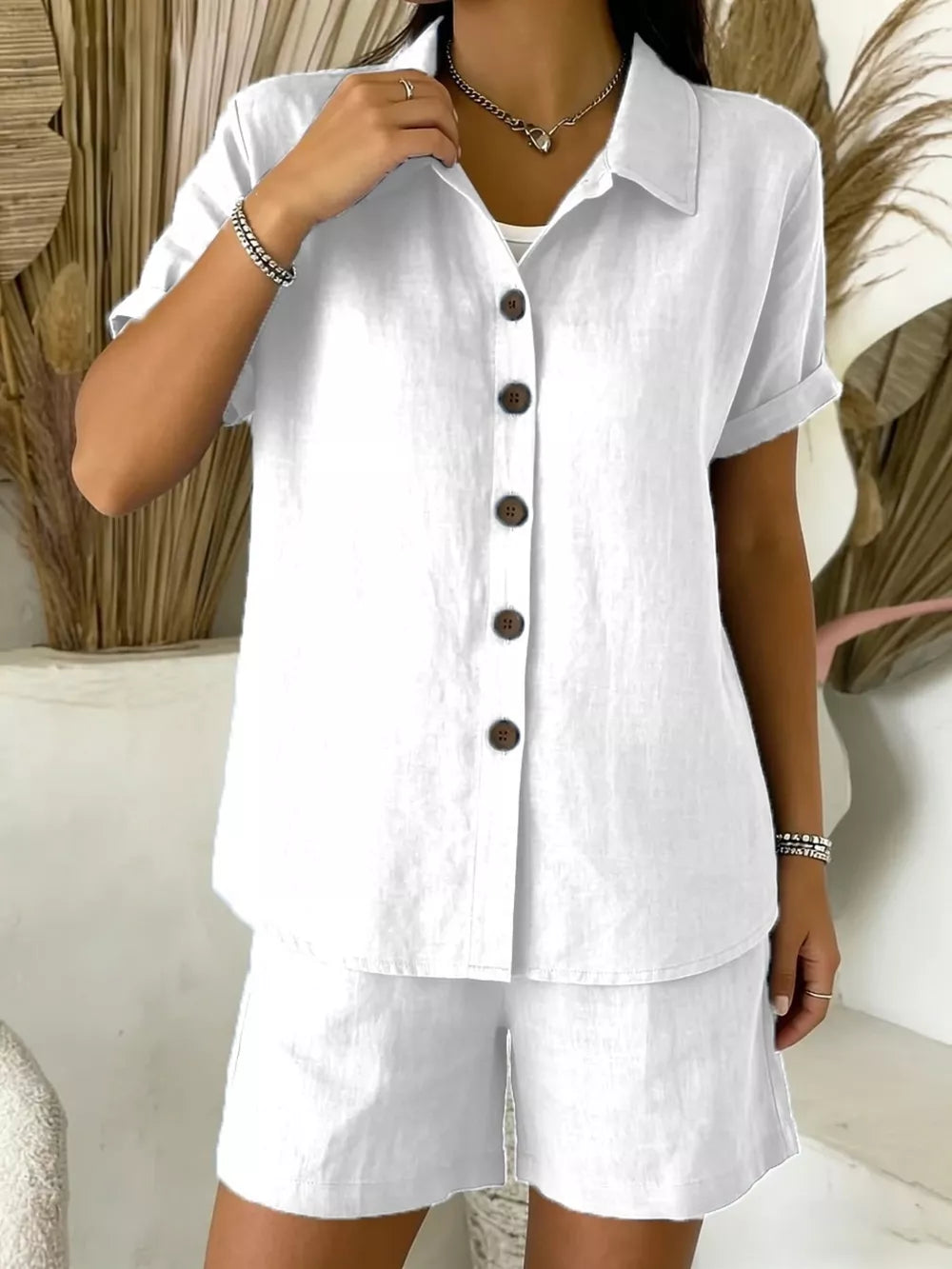 Full Size Button-up Shirt And Shorts Set Plus Size, model styling view