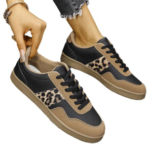 Leopard panel retro sneakers in black and taupe with lace-up closure.