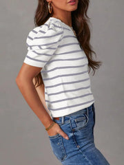 Striped knit tee with puff sleeves in white and dusty blue acrylic.