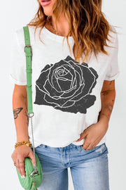White t-shirt with a distressed charcoal rose graphic, short sleeves, and crew neck.