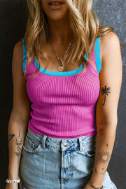 Ribbed tank top in hot pink with sky blue contrast trim and scoop neckline.