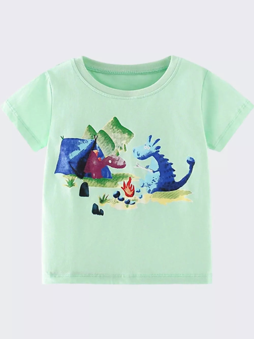 Baby t-shirt in light green cotton with a playful dragon camping graphic and campfire.