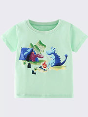 Baby t-shirt in light green cotton with a playful dragon camping graphic and campfire.