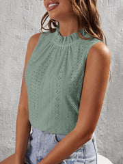 Teal eyelet tank top with ruffled mock neck and sleeveless design