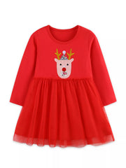 Red long sleeve cotton dress with reindeer applique and tulle skirt
