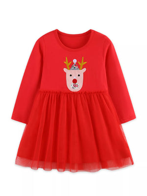 Red long sleeve cotton dress with reindeer applique and tulle skirt