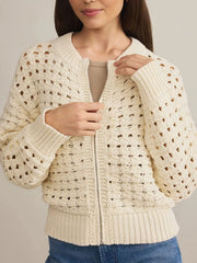 Beige openwork zip-up cardigan with crew neck and ribbed cuffs and hem.