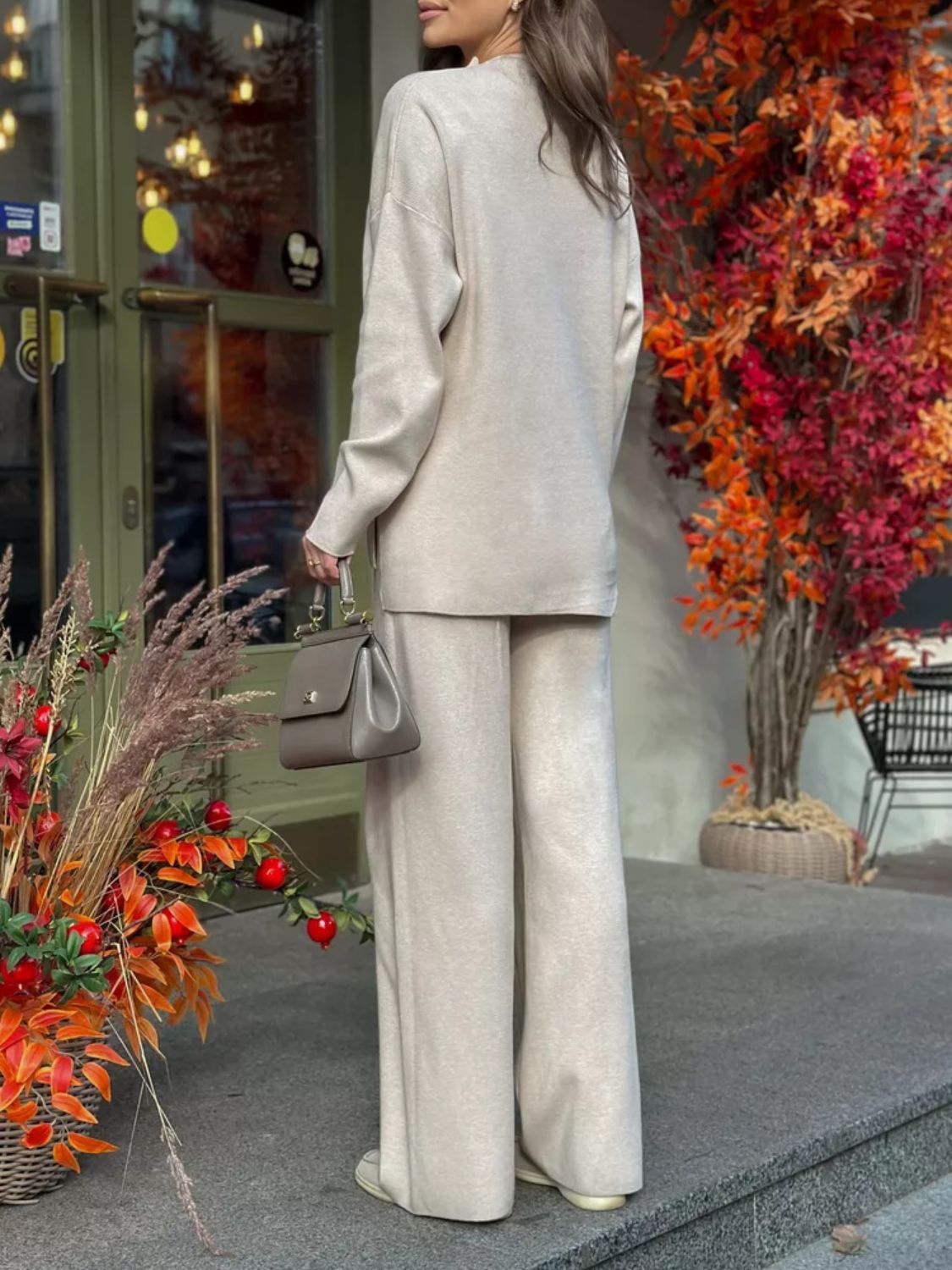 Relaxed fit knit co-ord set in Dust Storm acrylic, featuring wide-leg pants and a long-sleeve top.