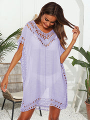 Lavender crochet trimmed kaftan cover-up with V-neck and short sleeves.