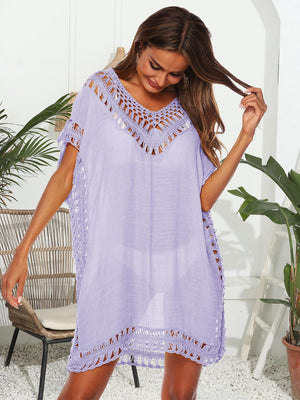 Lavender crochet trimmed kaftan cover-up with V-neck and short sleeves.