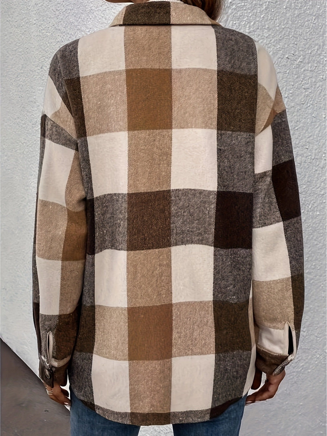 Oversized plaid shacket in camel with button detail on cuffs.
