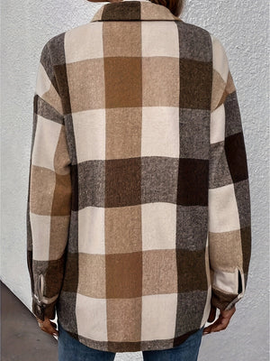 Oversized plaid shacket in camel with button detail on cuffs.