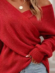Crisscross Ribbed Knit Long Sleeve Sweater in Black, editorial view