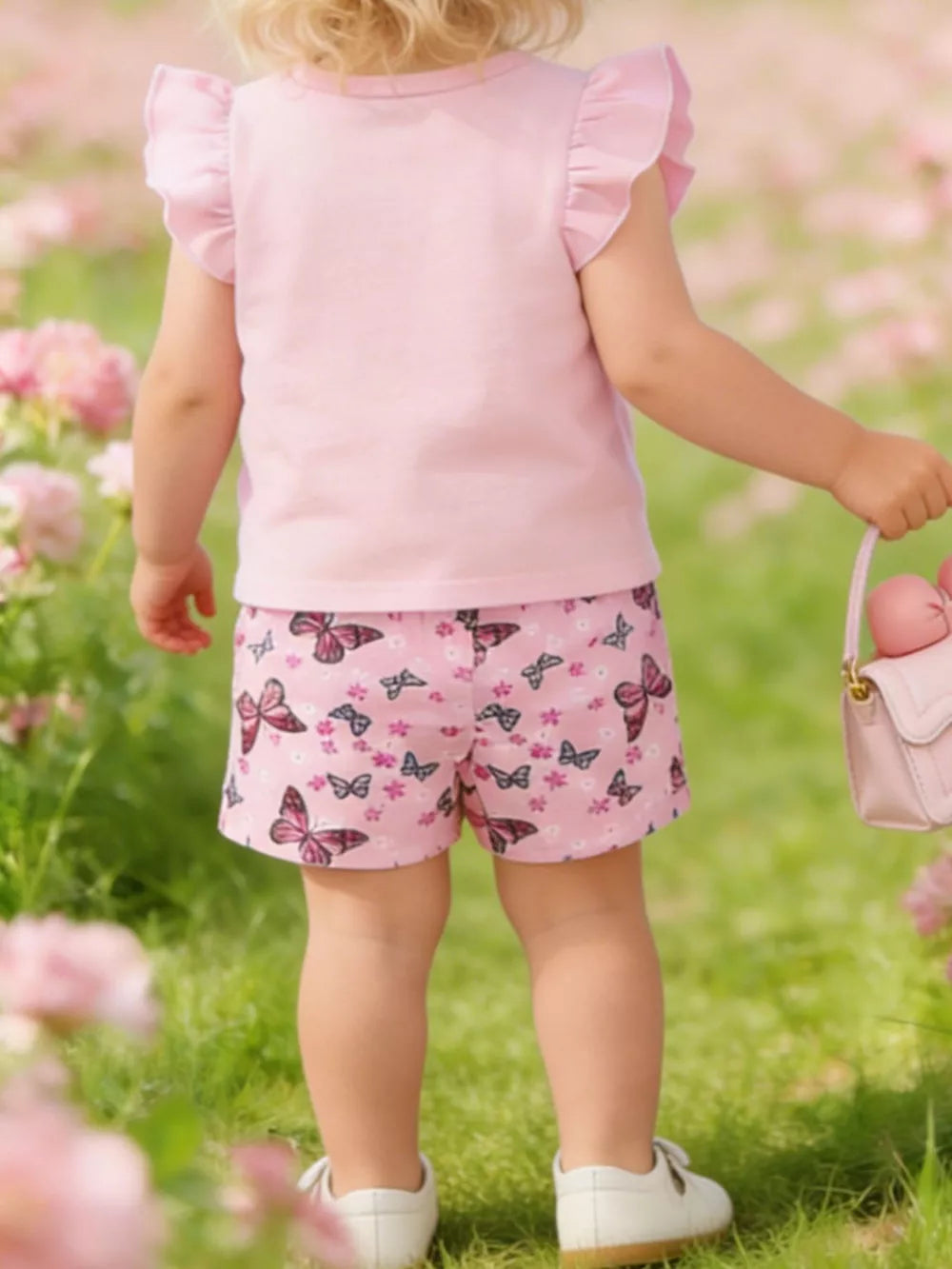 Pink ruffled sleeve baby undershirt with butterfly print shorts.