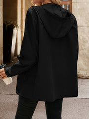 Black zip-through hooded jacket with long sleeves and a casual cut.