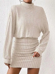Cozy ribbed turtleneck mini dress in Dust Storm with ruched detail and long sleeves.