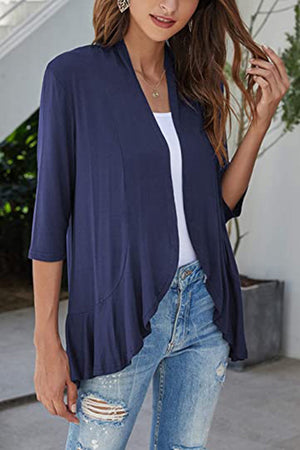 Dark Blue cardigan with asymmetric waterfall hem and 3/4 sleeves.