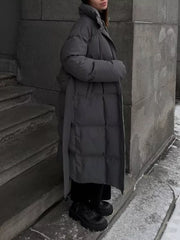Dark Gray padded trench coat with tie-belt and quilted detail.