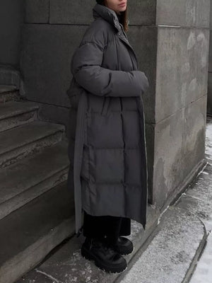 Dark Gray padded trench coat with tie-belt and quilted detail.
